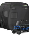 Heavy Duty Built Tough 600D Golf Cart Cover For 6 Passengers Outdoor All Weather Protection With Reflective Strips, Zippered Pockets And Zipper Doors Keeps Your Seats Safe From Sun, Rain, Dirt on blue golf cart