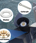 Upgrade 150-300HP Propeller Installation Hardware Kit For Yamaha Outboard Motors With Thrust Washer, Spacer, Washer, Nut, Cotter Pin Included And OEM-Style Retrofit For Yamaha Propellers showing cotter pin, washer, and thrust washer details