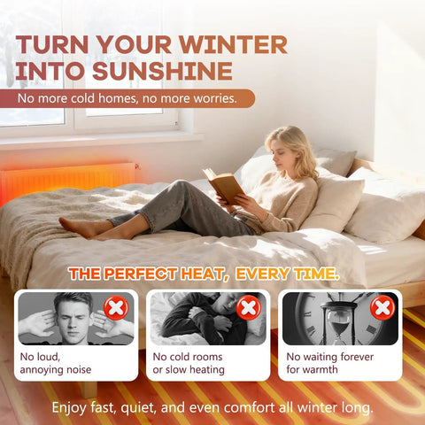Comfortable woman reading in a sunlit bedroom, highlighting cozy warmth for winter without noise or delays.