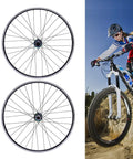 27 5 Inch Mountain Bike Wheel Set With Aluminum Alloy Rim And Disc Brake Colorful Hub Quick Release Shown With Cyclist Riding