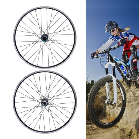 27 5 Inch Mountain Bike Wheel Set With Aluminum Alloy Rim And Disc Brake Colorful Hub Quick Release Shown With Cyclist Riding