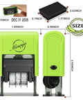 Reliable Self Inking Date Stamp With Rock Solid Green Body And Two Black Refill Pads For Hustling Offices And Home Desks Quick Drying Ink showing size and design details.