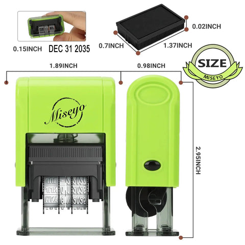 Reliable Self Inking Date Stamp With Rock Solid Green Body And Two Black Refill Pads For Hustling Offices And Home Desks Quick Drying Ink showing size and design details.