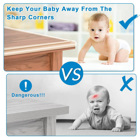 Safety comparison: top image shows Kid Safe Edge Protectors on table, bottom image shows child near unprotected sharp corner.