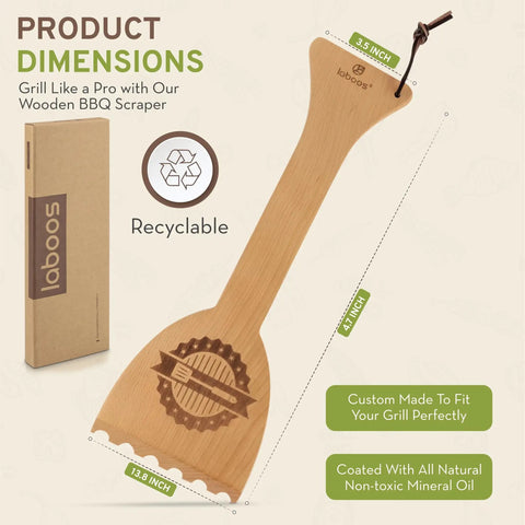 Beech Wood BBQ Grill Scraper dimensions with recyclable packaging, part of the Beef Up Your Grill Game With This Beech Wood BBQ Grill Scraper Fits Traeger And Most Grills, No Metal Bristles, Safe Durable Grooved Edge Cleaner For Quick Bristle Free Cleanup And Pro Level Barbecues.