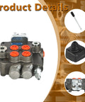 Front view of a metal-body two-spool hydraulic directional control valve with joystick, SAE ports and orange port plugs.