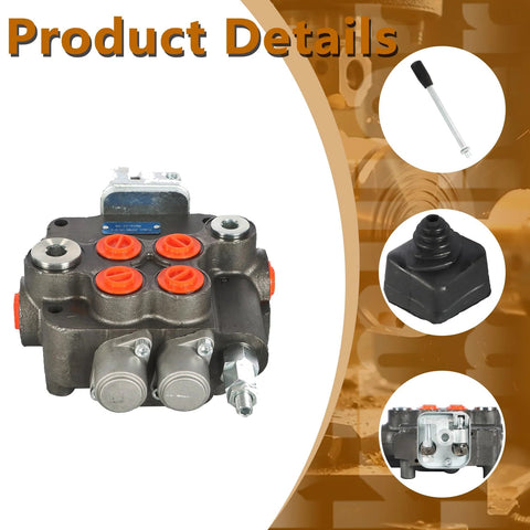 Front view of a metal-body two-spool hydraulic directional control valve with joystick, SAE ports and orange port plugs.