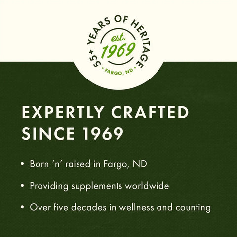 Expertly crafted supplements since 1969, born in Fargo, ND, 55+ years of heritage, established to provide global wellness.