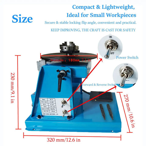 Heavy Duty Three Jaw Chuck Welding Positioner Rotary Turntable with size details, featuring power and reverse switches on a blue base.