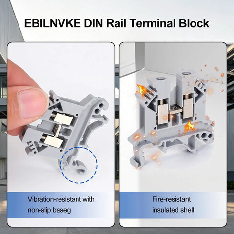 Thirty Piece Terminal Blocks Kit For DIY And Industrial Projects, 32A 690V Screw Terminal Blocks showcasing fire resistance and non-slip base.