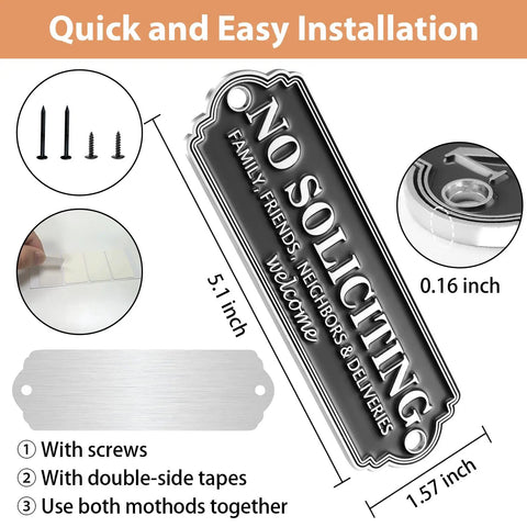 Installation kit for Solid Brass No Soliciting Sign For Home And Office, Do Not Knock Or Ring Bell Wall Plaque, 5x1.57 inches