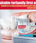 Box of 24 Pack Gauze Roll Bandages 4 X 4.1 Yd on a sofa, suitable for family first aid and treating injuries.