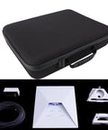 Black rugged travel case for mini dish kit with shockproof IP67 waterproof EVA storage, showing foam inserts and accessories.