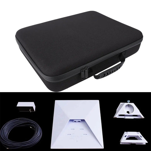 Black rugged travel case for mini dish kit with shockproof IP67 waterproof EVA storage, showing foam inserts and accessories.