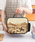 Insulated Lunch Bag With Desert Cactus And Cowboys Riding Horses Design held by person in kitchen