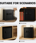 Four In One Personal Safe For Your Pad Or Office With 1.69 Cu Ft And 0.1 Second Quick Access Unlock By Fingerprint App Key And Customizable Passcode Perfect For Money Jewelry shown in various home settings: bedside, wardrobe, closet, and corner.