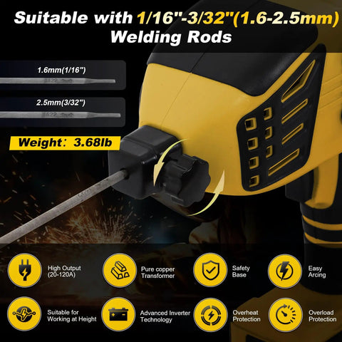 Portable 110V Arc Welder Handheld Stick Welder With IGBT Inverter, 20-120 Amps Stepless Current, yellow details, electrode fit