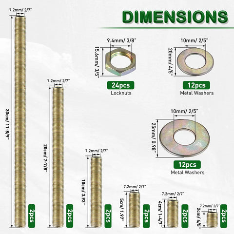 All Thread Lamp Pipe Hardware Set For DIY Lamp Repair With Yellow Zinc Coat dimensions showing nipples, washers, lock nuts.