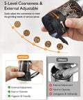 Electric Salt And Pepper Grinder Set with 5 coarseness settings and easy external adjustment for optimal spice grinding.
