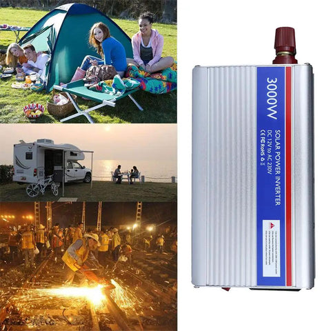 Heavy Duty Car Power Inverter With Fast Usb Charging Port Dc To Ac Converter Straight Fire Performance Plug And Play Install, 3000W, silver, powering devices outdoors.