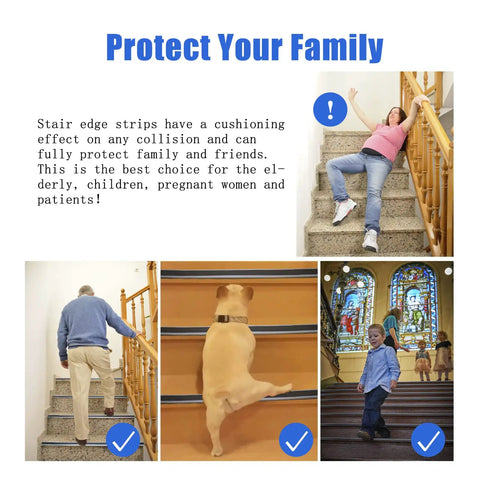 Collage showing non-slip safety with self adhesive black vinyl stair nosing edge protector on various staircase types