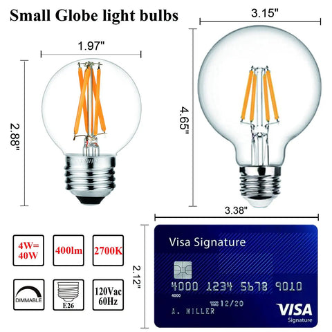 Smooth Dimmable E26 LED Bulb 4W Equivalent 40W Warm White 2700K 400 LM G16 Edison Style with size and credit card reference