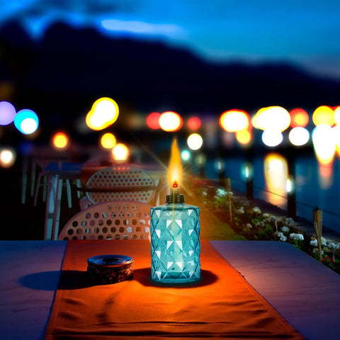 Glass Table Top Torches Four Pack Outdoor Citronella Torches With 12oz Fuel Capacity Refillable Wick And Cap Included Multicolor Glass Lanterns
