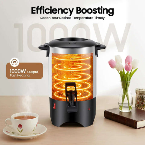 5.2L Heavy Duty Large Capacity Commercial Coffee Urn With Quick Brew For Offices, Catering And Churches, 30-Cup Percolator, Double Wall Stainless Steel, Temperature Range 30 To 100 C, Hot Water Urn For Catering Use, Durable Food Grade Inner Liner on tabletop with tea cup and vase