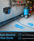 Heavy Duty Retractable Air Hose Reel Featuring Smooth Auto Rewind Action And Sixty Five Foot Industrial Compressor Hose wall-mounted in garage.