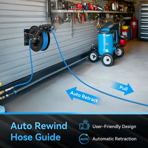 Heavy Duty Retractable Air Hose Reel Featuring Smooth Auto Rewind Action And Sixty Five Foot Industrial Compressor Hose wall-mounted in garage.