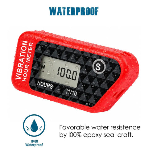 Vibration Hour Counter With LCD Display For Outdoor Power Equipment, Cordless Induction And Dual Time Recording, 3 Sensitivity Modes SEN 1 2 3 For Precise Run Time On Mowers, Generators, Trimmers, Red, IP68 waterproof LCD hour meter