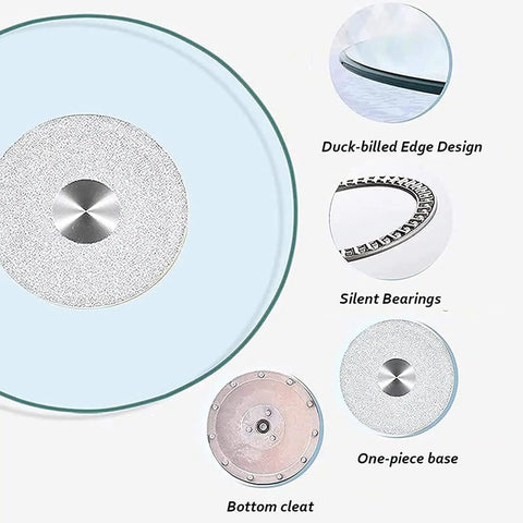 Heavy Duty Glass Lazy Susan Rotating Tray, clear tempered glass, silent bearings, and duck-billed edge design.