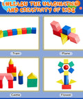 70 Piece Wooden 3D Geometric Shapes Set for Kids Colorful Spheres Prisms Cubes Cylinders Cones and More STEM Blocks shown as train, plane, castle, flower.