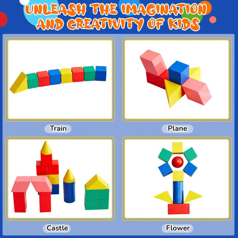 70 Piece Wooden 3D Geometric Shapes Set for Kids Colorful Spheres Prisms Cubes Cylinders Cones and More STEM Blocks shown as train, plane, castle, flower.