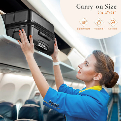 Flight attendant storing lightweight spinner carry on luggage in overhead bin.