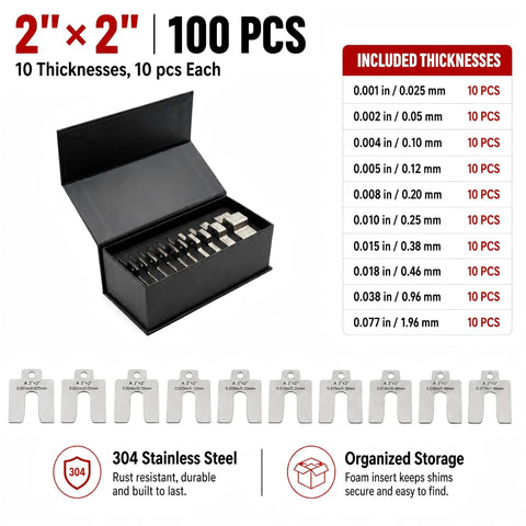 Stainless Steel Shim Kit 2 By 2 Inch Slotted Shims Collection 100 Pieces Across 10 Thicknesses For Machine Leveling Motor Alignment And Equipment Adjustment Laser Marked Sizes DIY Friendly Storage Case, shown organized in open black case.