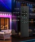 Remote control for Outdoor LED Lights for House With App And Button Control Smart RGB IC Eaves Lighting Kit displayed with lit house
