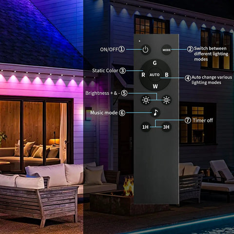 Remote control for Outdoor LED Lights for House With App And Button Control Smart RGB IC Eaves Lighting Kit displayed with lit house