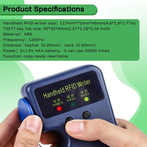 Handheld RFID Writer displaying specifications, part of 125kHz RFID Copier and Writer for T5577 EM4305 Handy Duplicator and Pocket Reader.