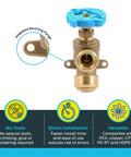 Brass Push To Connect Garden Valve Three Quarter Inch By Three Quarter Inch MHT Multi Turn Shutoff With Angled Handle And Mounting Tabs