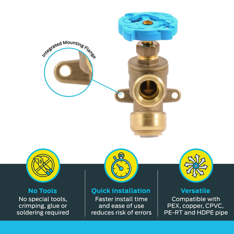 Brass Push To Connect Garden Valve Three Quarter Inch By Three Quarter Inch MHT Multi Turn Shutoff With Angled Handle And Mounting Tabs