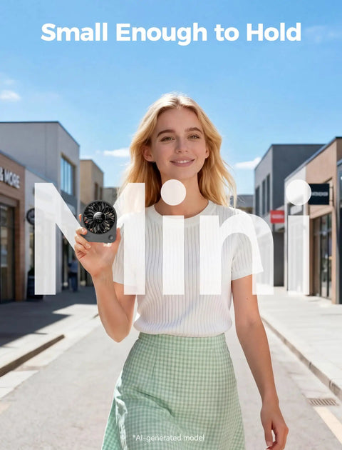Woman holding Tiny USB Desk Fan You Can Take Anywhere With Quiet 4 Speed Rechargeable Battery Powered Personal Fan, street background.