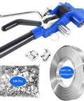 Kick Your Packaging Game Up With This Heavy Duty Steel Strapping Kit Featuring Smooth Ratchet Tensioner And Easy Cut Tool For Pallet Banding Plus Three Quarter Inch Coil And One Hundred Clips, includes banding tool, clips, and steel coil.