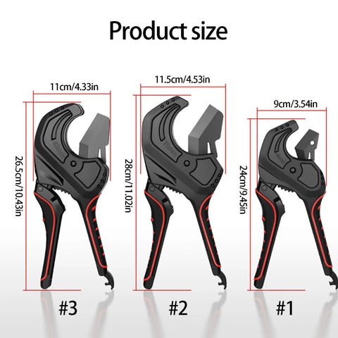 Ratcheting PVC CPVC Pipe Cutter with Wide Jaw Opening And Anti Fatigue Grip in three sizes for pro plumbers and contractors.