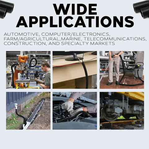 Three Pack Black Pro Grade Split Wire Loom Kit Convoluted Tubing used in various industries including automotive and electronics.