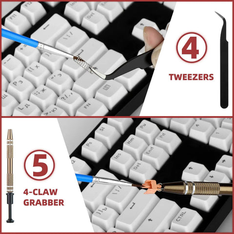 Aluminum Switch Opener And Lube Kit For Custom Keyboards With Tweezers And Four Claw Gripper shown on keyboard.
