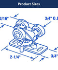 Diagram showing dimensions of 2 Pack 3/4 Inch Sliding Pocket Door Rollers Assembly With Nylon Wheels, metal base dimensions labeled.
