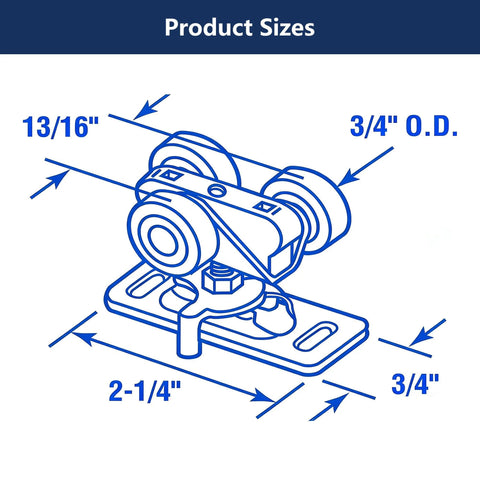 Diagram showing dimensions of 2 Pack 3/4 Inch Sliding Pocket Door Rollers Assembly With Nylon Wheels, metal base dimensions labeled.