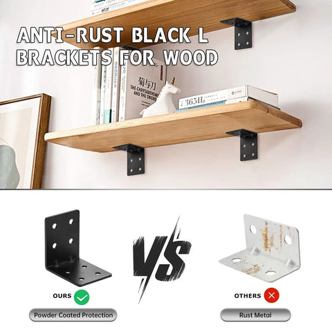 Heavy Duty Steel Corner Brackets 4x4x3 Inch 90 Degree Right Angle Shelf Brackets holding wooden shelves with powder-coated finish comparison