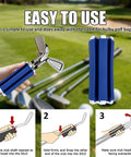 Easy-Access 6-Club Golf Bag Organizer Stand With Secure Strap Durable Blue And White Cylindrical Holder Keeps Clubs Separated And Ready Cuts Clutter In Your Golf Bag This Handy Accessory Makes Your Day On The Course A Breeze showing organizer holding golf clubs with installation steps